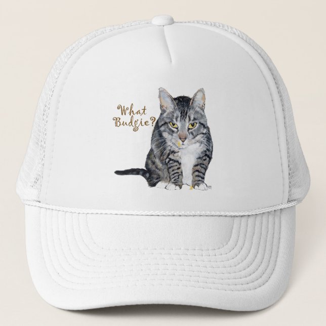 Tabby Cat Asks: What Budgie? Trucker Hat (Front)