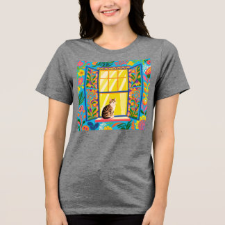Tabby Cat at Sunny Window T-Shirt | Colorful Flora Tri-Blend Shirt