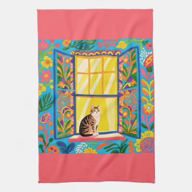 Tabby Cat at Sunny Window T Towel | Colourful Flor (Vertical)