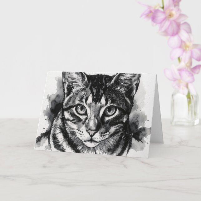 Tabby Cat Black and White Ink Art Note Card (Orchid)