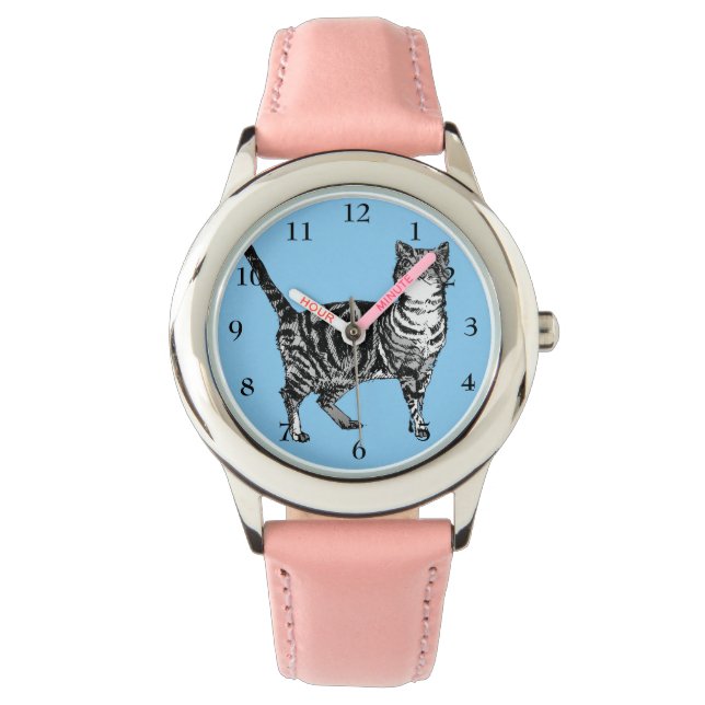 Tabby Cat Black White Cats Cute Pink Blue Girls Watch (Front)