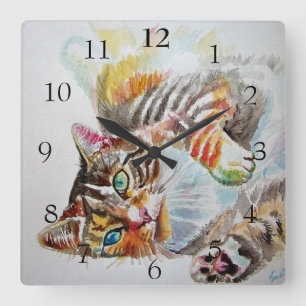 Tabby Cat Cats Cute Watercolour Painting Decor Square Wall Clock