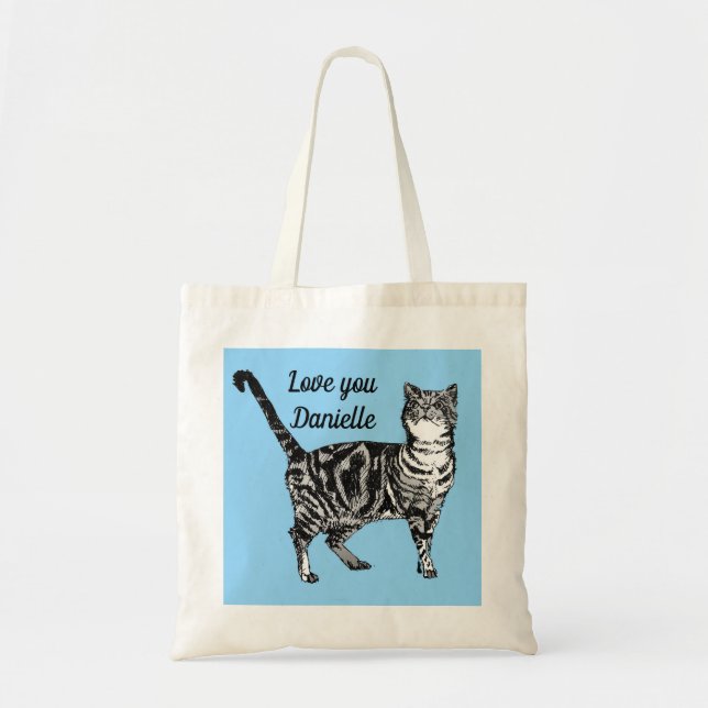 Tabby Cat Cats light Blue Girls Name Tote Bag (Front)