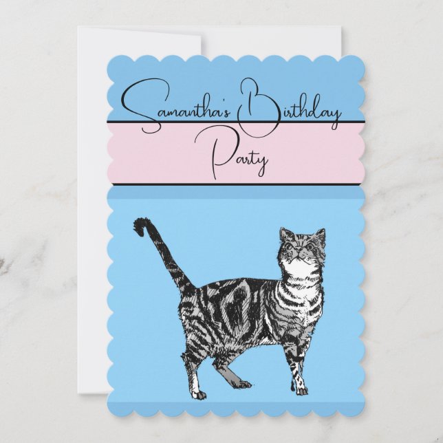Tabby Cat Cats Pink blue Birthday Party Invitation (Front)