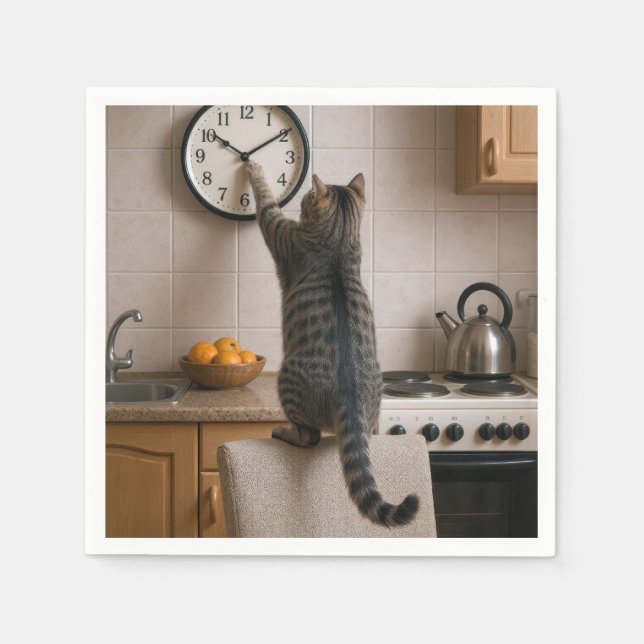 Tabby Cat Changing the Time On a Clock Napkin (Front)