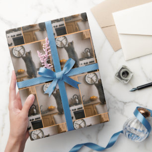 Tabby Cat Changing the Time On a Clock Wrapping Paper