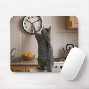 Tabby Cat Changing the Time On a Kitchen Clock Mouse Pad