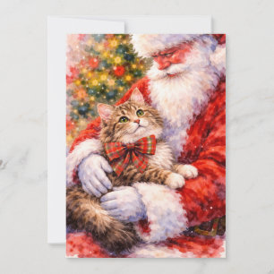 Tabby Cat Christmas Card with Santa
