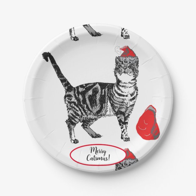 Tabby Cat Christmas Cats Red White Funny Paper Pla Paper Plate (Front)