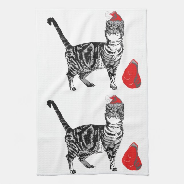 Tabby Cat Christmas Cool Cat Red White Tea Towel (Vertical)