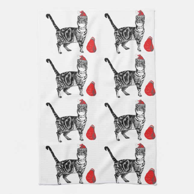 Tabby Cat Christmas Cool Cat Red White Tea Towel (Vertical)