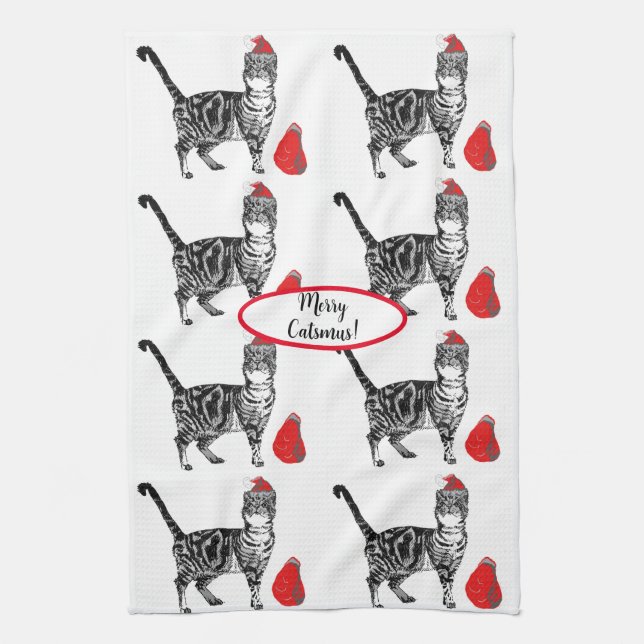 Tabby Cat Christmas Cool Cat Red White Tea Towel (Vertical)