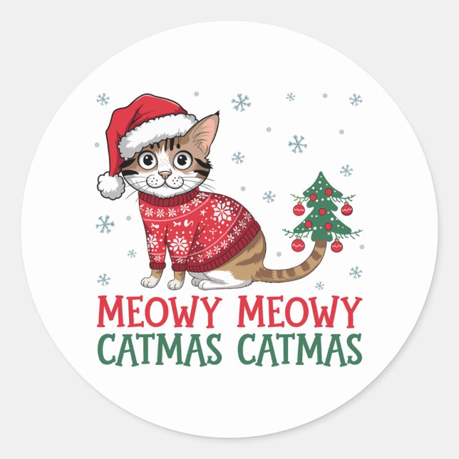 Tabby Cat Classic Round Sticker (A playful cat wearing a festive sweater and Santa hat sits beside a decorated Christmas tree.   )