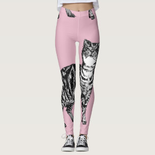 Tabby Cat Cool Animal Black & Baby Pink Leggings