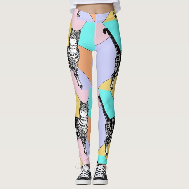 Tabby Cat Cool Animal Pastel Harlequin Leggings (Front)