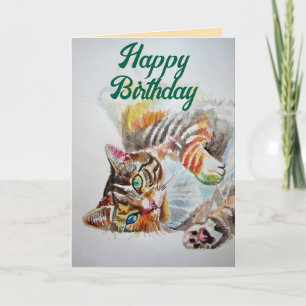 Tabby Cat Cute Cats Love Watercolour Birthday Card