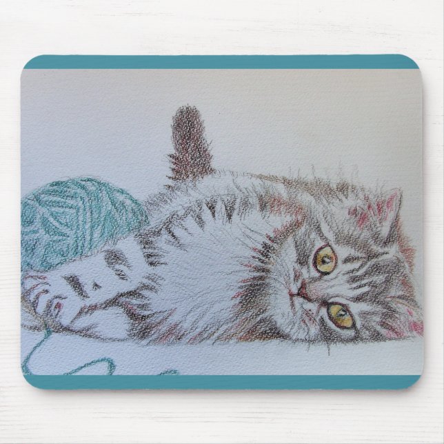 Tabby Cat Drawing Teal cats Computer Mouse Mat Pad (Front)
