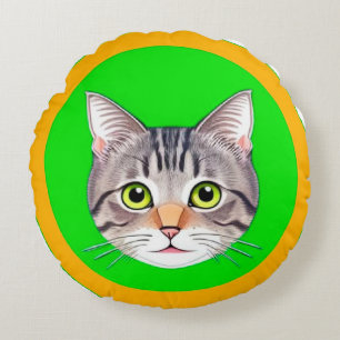 Tabby Cat Face in Vibrant Circular Frame Round Cushion