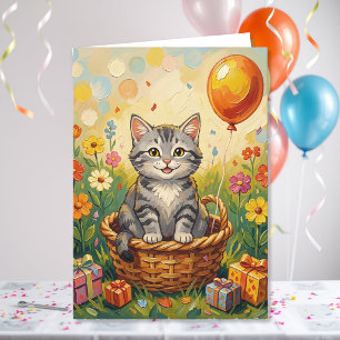 Tabby Cat & Flowers Girl's Happy Birthday Card