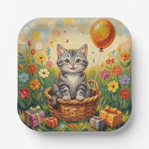 Tabby Cat & Flowers Girl's Happy Birthday Paper Plate