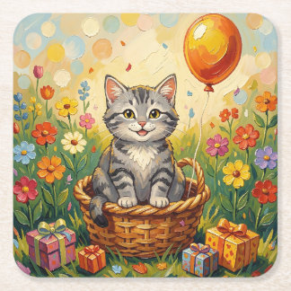 Tabby Cat & Flowers | Girl's Happy Birthday Square Paper Coaster