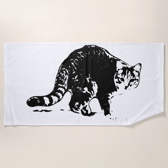 Tabby Cat Full‑Body Black & White Towel (Front)