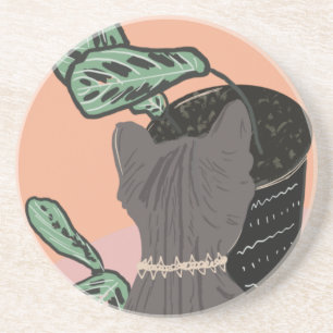 Tabby Cat Grey Plants Two-Tone Coaster