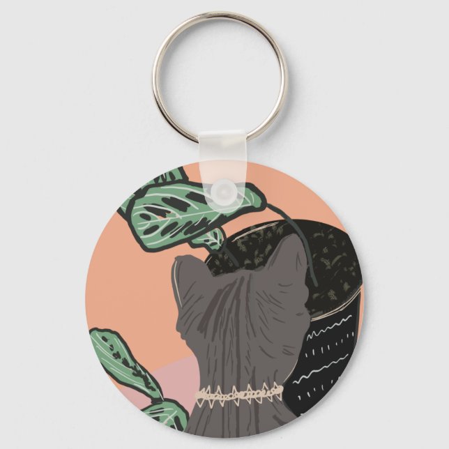 Tabby Cat Grey Plants  Two-Tone  Key Ring (Front)
