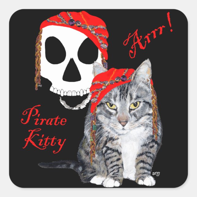 Tabby Cat Halloween Pirate Square Sticker (Front)