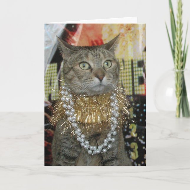 Tabby cat Happy New Year Celebration card (Front)