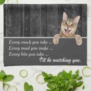 Tabby Cat Humour On Barn Wood Tea Towel