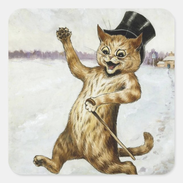 Tabby Cat in a Top Hat Illustration by Louis Wain Square Sticker (Front)