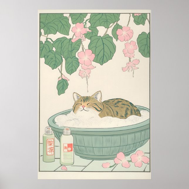 Tabby Cat in Bathtub Art Print Japanese Bathroom (Front)