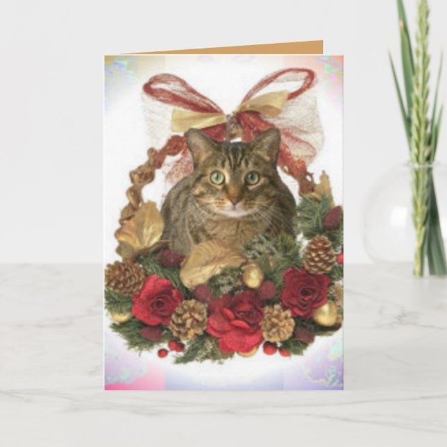 Tabby Cat in Christmas basket Holiday Card (Front)