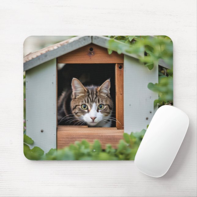 Tabby Cat In Dog House Mouse Pad (With Mouse)