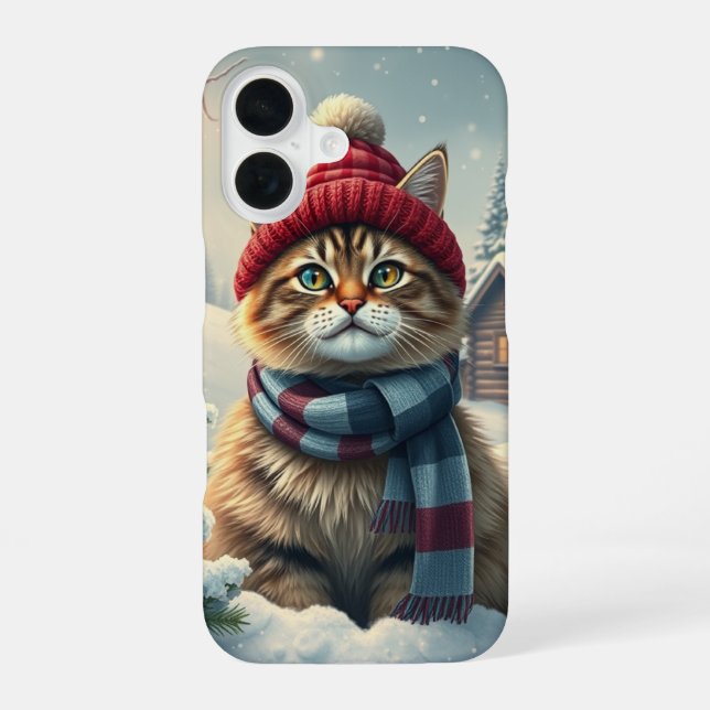Tabby Cat in Preppy Winter Attire and Hat iPhone 16 Case (Back)