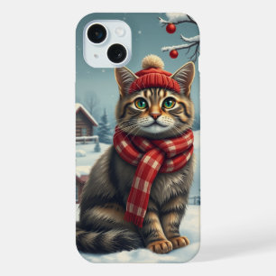 Tabby Cat in Preppy Winter Attire and Hat iPhone 15 Plus Case