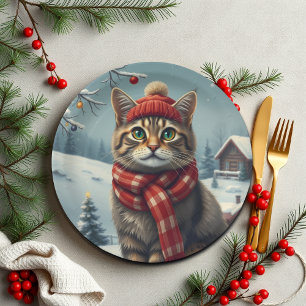Tabby Cat in Preppy Winter Attire and Hat Paper Plate