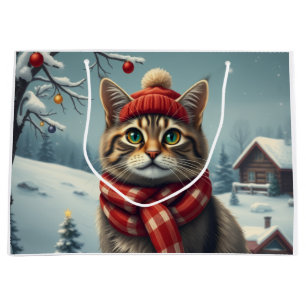 Tabby Cat in Preppy Winter Attire and Hat Winter Large Gift Bag