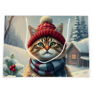 Tabby Cat in Preppy Winter Attire and Hat Winter Large Gift Bag
