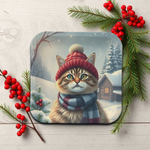 Tabby Cat in Preppy Winter Attire and Hat Winter Paper Plate