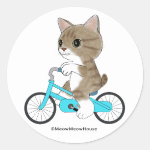 Tabby cat is riding  a bicycle. classic round sticker