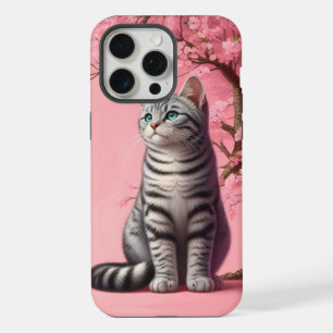 Tabby Cat Japanese Cherry Blossom Flower Kitten iPhone 15 Pro Max Case
