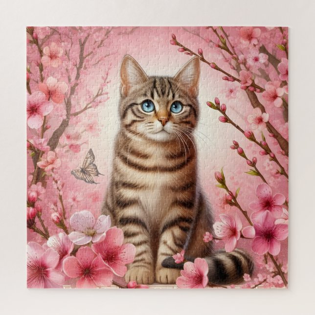 Tabby Cat Japanese Cherry Blossom Flower Kitten Jigsaw Puzzle (Vertical)