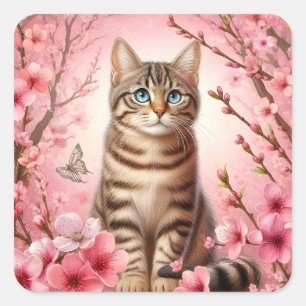 Tabby Cat Japanese Cherry Blossom Flower Kitten Square Sticker