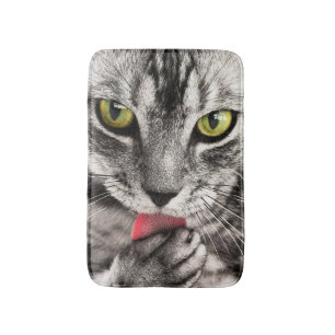 Tabby Cat Licking Paw Bath Mat