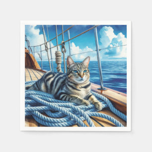 Tabby Cat On Boat Ropes Napkin