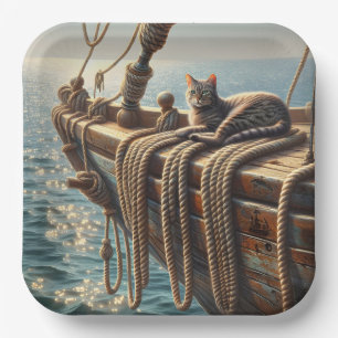 Tabby Cat On Nautical Ropes Paper Plate