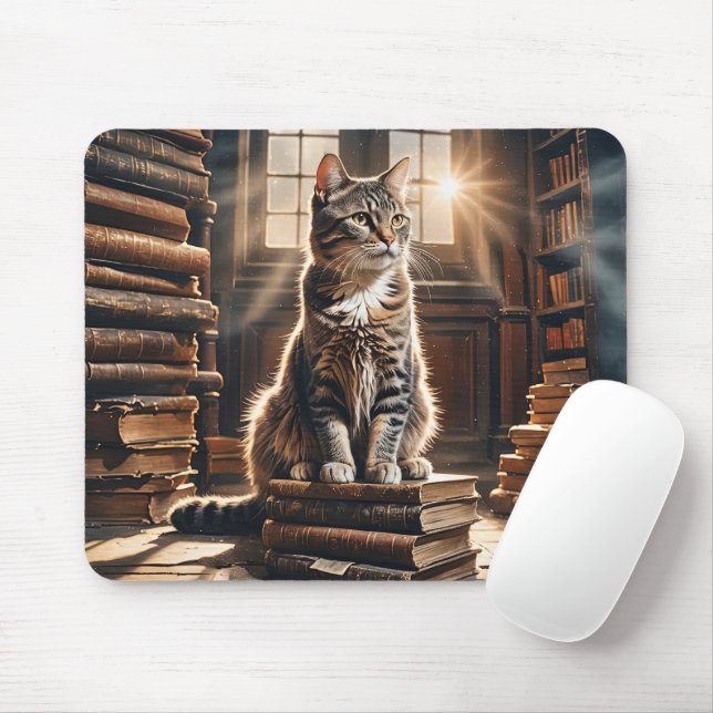 Tabby Cat On Old Library Books Mouse Pad (With Mouse)