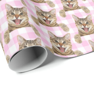 Tabby Cat On Pink Gingham Wrapping Paper